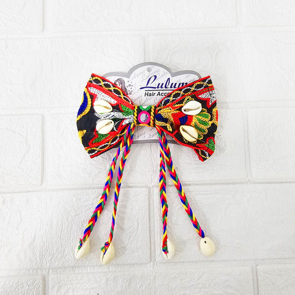 Di0040 Navratri MIx Design Embroidered Bow Hair Clip with Mirror Work & Hanging Shell Beads