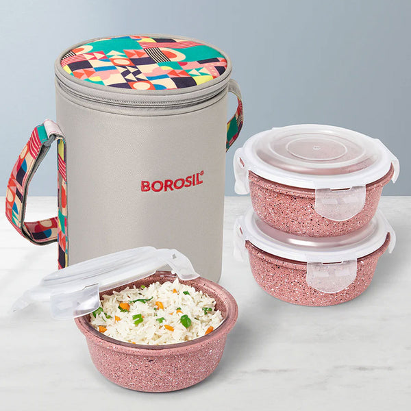 AM6188 Borosil Kube Pink Glass Lunch Box, Round x 3 (Tall), Set of 3, 400ml