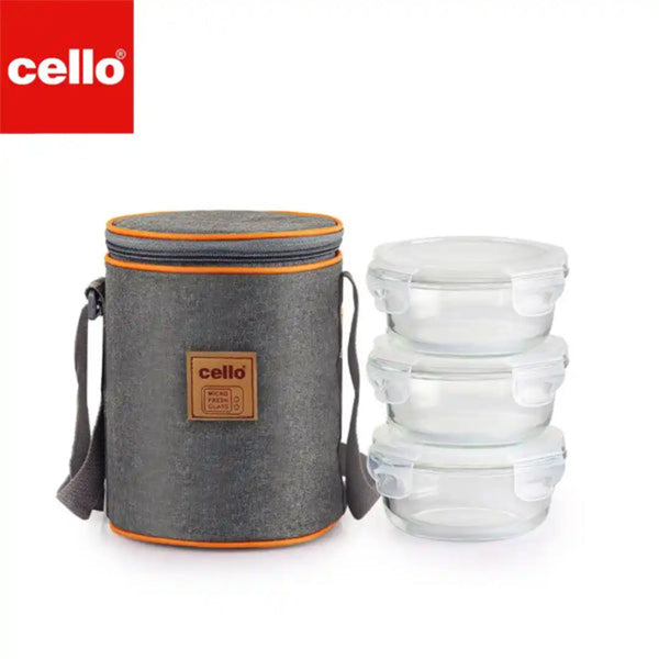 AM5449 Cello Royale Round Glass Lunch Box 400ml x 3 N with Vertical Jacket & 2 Spoons (Pack of 3Pc)