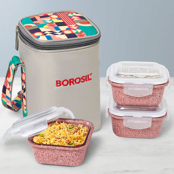 AM6190 Borosil Kube Pink Glass Lunch Box, Square x 3 (Tall), Set of 3, 320ml