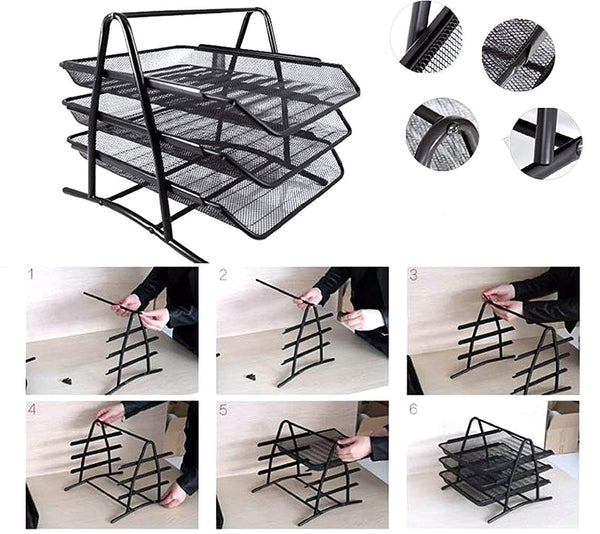 3372 Metal Mesh 3 Tier Paper Tray Organizer for Desk Stackable File Rack