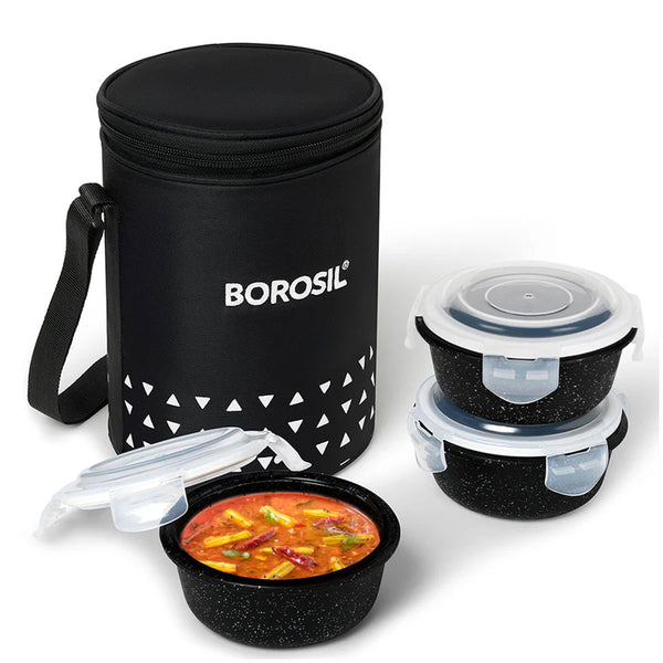 AM6187 Borosil Kube Black Glass Lunch Box, Round x 3 (Tall), Set of 3, 400ml