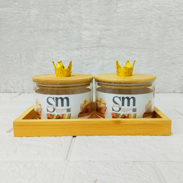 AM6272 SM 2pc Glass Jars with Crown Lids & Serving Tray Set