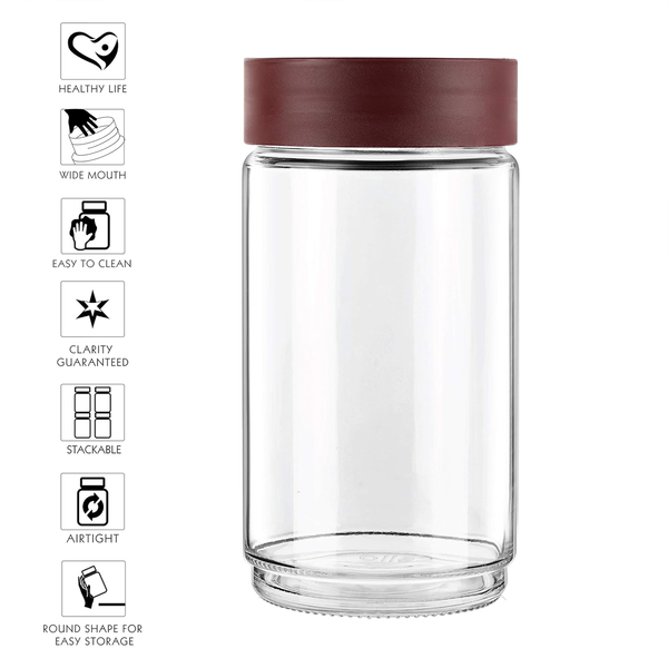 AM0663 CELLO Modustack Glassy Storage Jar | Glass Jar with Lid | Air Tight Steel Lid and Stackable | For Storage of Food, Pulses, Spice, Cereals, Cookies, Dry Food | 2000ml, Maroon