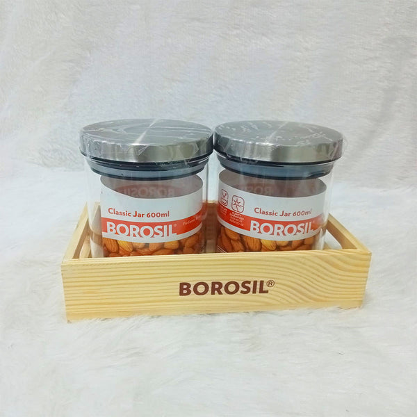 AM6162 Borosil Classic Jars With Wooden Tray - 2Pcs (600 ml Each)