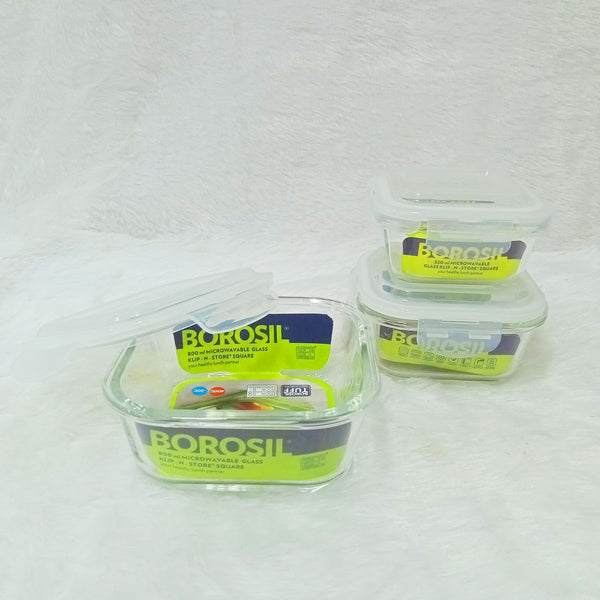 AM6183 Borosil Klip n Store Square Glass Container Set of 3pc (320ml+520ml+800ml)