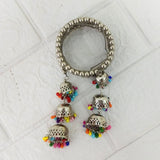 Di0220 Navratri Special Oxidized Silver Bracelet with Colorful Beaded Jhumka Charms