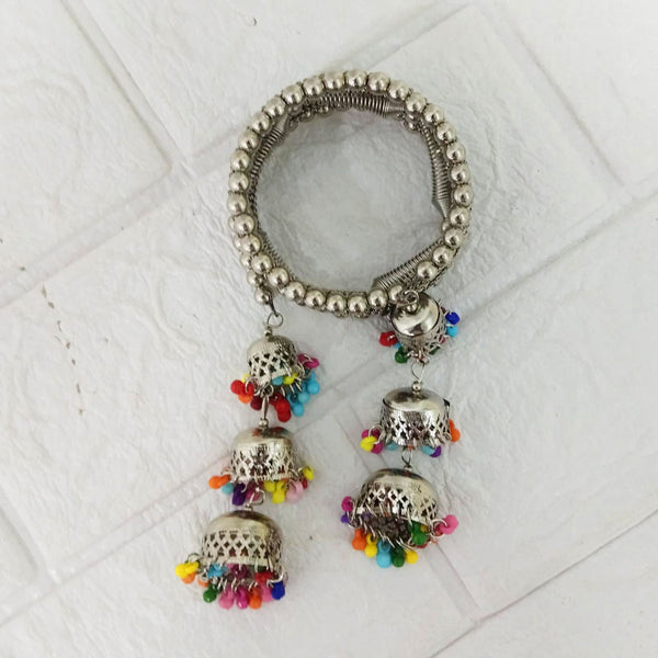 Di0220 Navratri Special Oxidized Silver Bracelet with Colorful Beaded Jhumka Charms