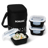 AM6189 Borosil Kube Black Glass Lunch Box, Square x 3 (Tall), Set of 3, 320ml