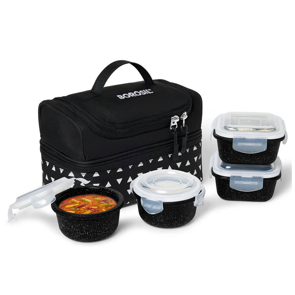 AM6191 Borosil Kube Black Universal Glass Lunchbox, 320ml x 2 + 240ml x 2