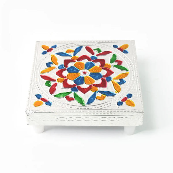 2563 1 Pc Meenakari Wooden Chowki & Bajot Set: For Home & Office Puja (Multicolor)