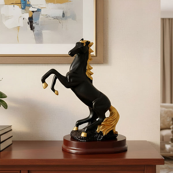 AM6410 Black and Gold Rearing Horse Showpiece on Wooden Base - Small Size