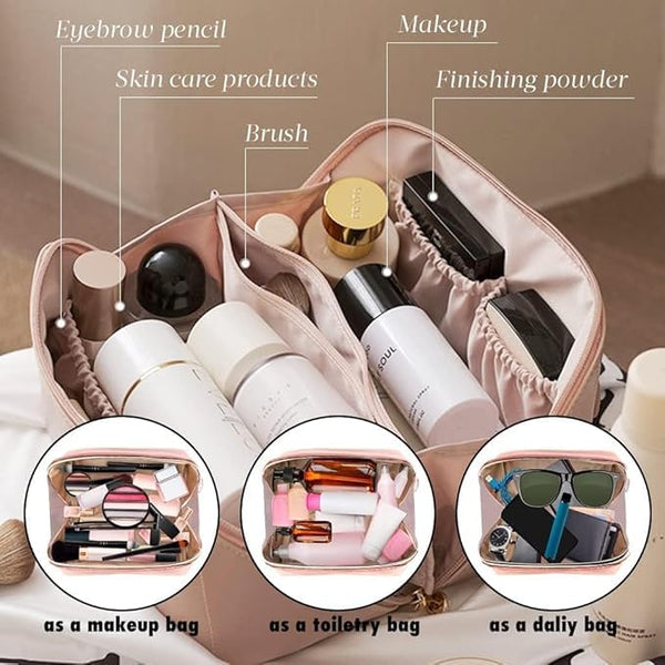 3063 Leather Cosmatic Bag Makeup Organizer Bag Travel Bag Large Capacity Cosmetic Bags Divider and Handle Waterproof Portable Pouch Open Multicolour 1Pcs