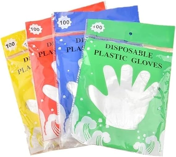 AM2143 Disposable Plastic Gloves 100Pcs Disposable Plastic Transparent Hand Gloves for Kitchen, Restaurant, Cooking, House Cleaning, Hair Coloring, Food Serving Polypropylene