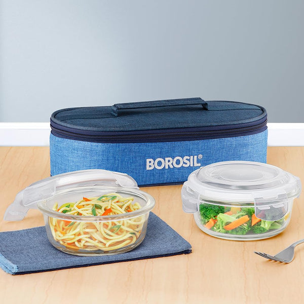 AM3699 Borosil Round 400ml Glass Lunchbox with Bag Set of 2