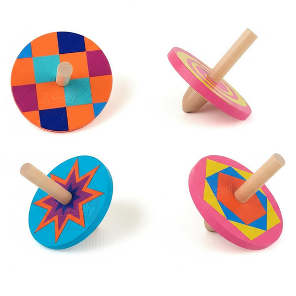 A07154 Classic Wooden Spinning Top Toys Set with Multi-Color