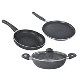 AM2249 Prestige Omega Deluxe Granite Aluminium 3 Pcs Set- Tawa, Fry Pan & Kadai with 1 Glass Lid|Non-Stick