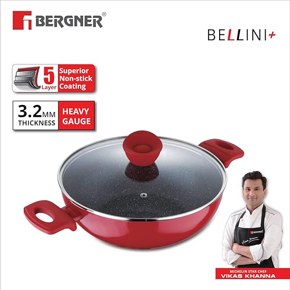 AM2260 Bergner Bellini Plus Kadai with Glass Lid 5 Layer Non Stick 32 cm 7.6 Litres Thickness 3.2mm