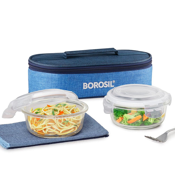 AM3699 Borosil Round 400ml Glass Lunchbox with Bag Set of 2