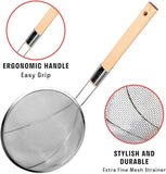 3132 20cm Stainless Steel Strainer Skimmer Deep Fry Jhara with U Shape Wooden Handle