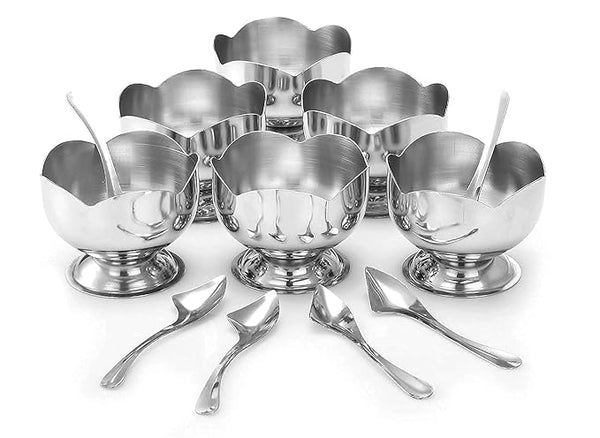 3442 Stainless Steel Ice Cream Cup/Bowl with Spoon 6 Pcs Set(6 Cups & 6 Spoons)