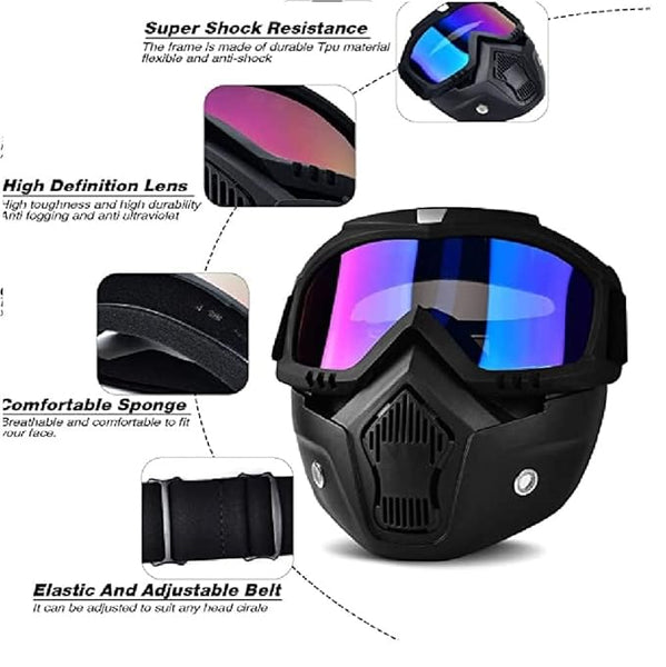 3169 Motorcycle Face Mask - UV Protective ,Anti-Scratch Goggles with Detachable Dust Filter Mask