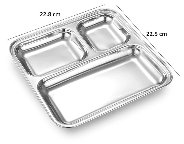 AM3333 Square Pav Bhaji Stainless Steel Plates(22.8cm X 22.5cm)with 3 Compartments