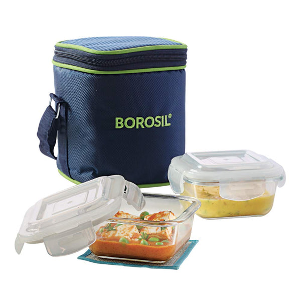 AM3696 Borosil 320ml Square Lunch Box with Bag Set of 2