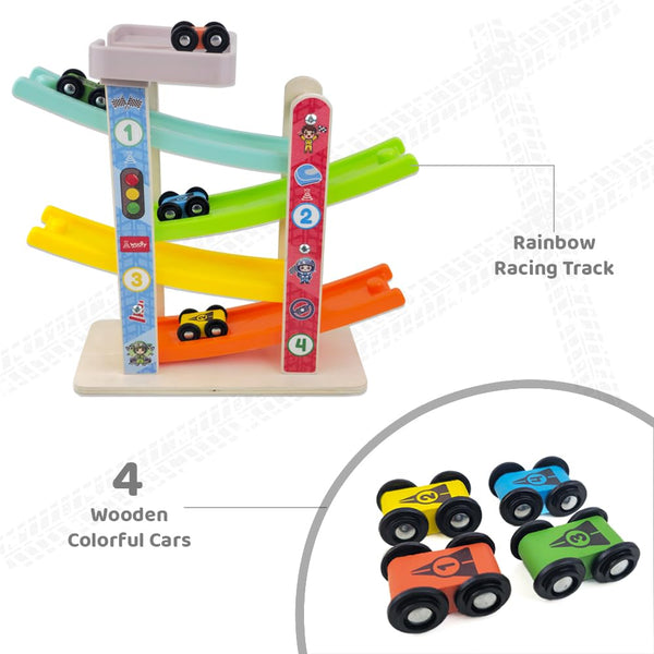 A07123 Wooden Car Ramp Racer with 4 Mini Racing Cars and Parking Top