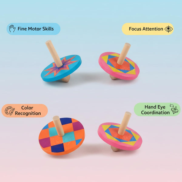 A07154 Classic Wooden Spinning Top Toys Set with Multi-Color
