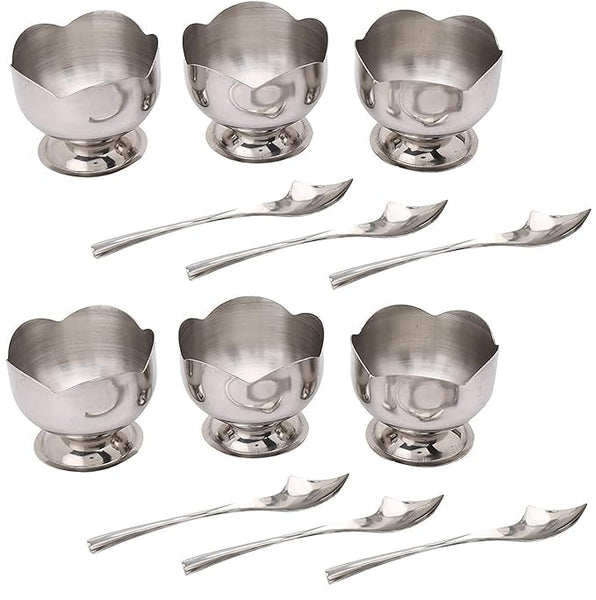 3442 Stainless Steel Ice Cream Cup/Bowl with Spoon 6 Pcs Set(6 Cups & 6 Spoons)