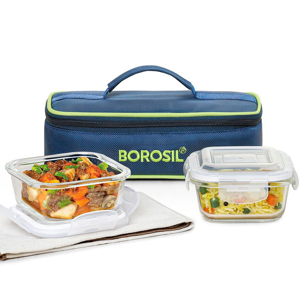 AM3697 Borosil Square 320ml Lunchbox with Bag Set of 2