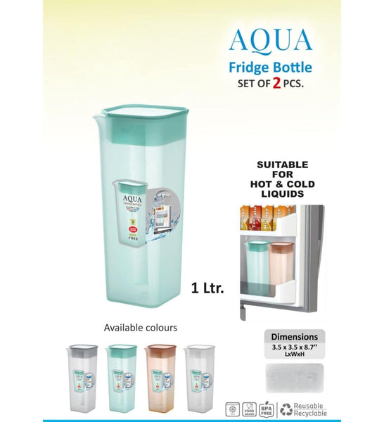 Am0501 Aqua Food Grade Fridge Square Water Bottle Set Of 2 with water level Marking, 1 Litre (Multicolour)