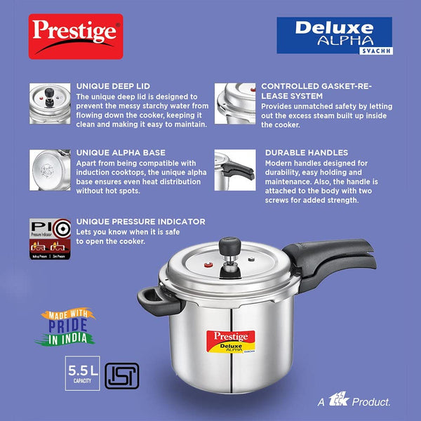 AM2242 Prestige 5.5 Litres Svachh Deluxe Alpha Induction Base Outer Lid Stainless Steel Pressure Cooker