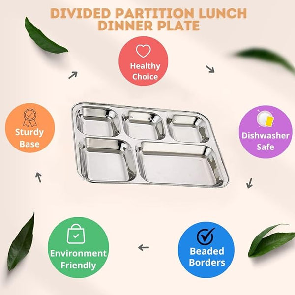 AM3258 Square Stainless Steel Plates (33cm X 26cm) with 5 Compartments