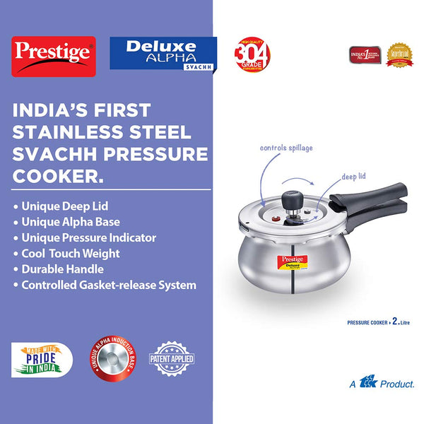 AM2244 Prestige 2L Deluxe Alpha Svachh Stainless Steel Outer Lid Pressure Cooker with Glass Lid