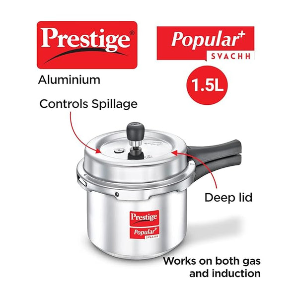 AM2235 Prestige Popular Plus Svachh Virgin Aluminium Gas and Induction Compatible Outer Lid Pressure Cooker, 1.5 L