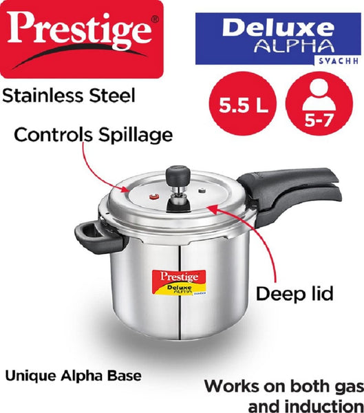 AM2242 Prestige 5.5 Litres Svachh Deluxe Alpha Induction Base Outer Lid Stainless Steel Pressure Cooker