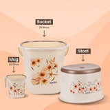 AM3004 Rishabh Supper Flora Plastic Bathroom Set Big Bucket 25 Ltr, Mug 1.5 Ltr, Stool Multicolour Set 3 Piece