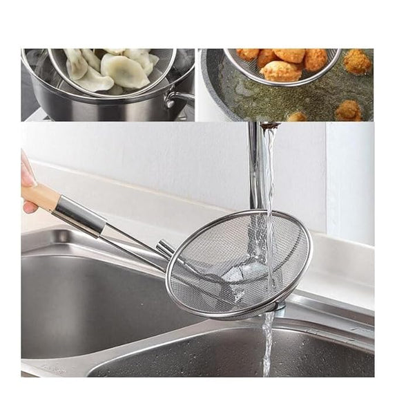 3132 20cm Stainless Steel Strainer Skimmer Deep Fry Jhara with U Shape Wooden Handle