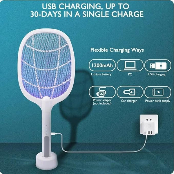 3376 2-in-1-Mosquito Racket  Rechargeable Battery Handheld Fly Swatter-(Including Stand)