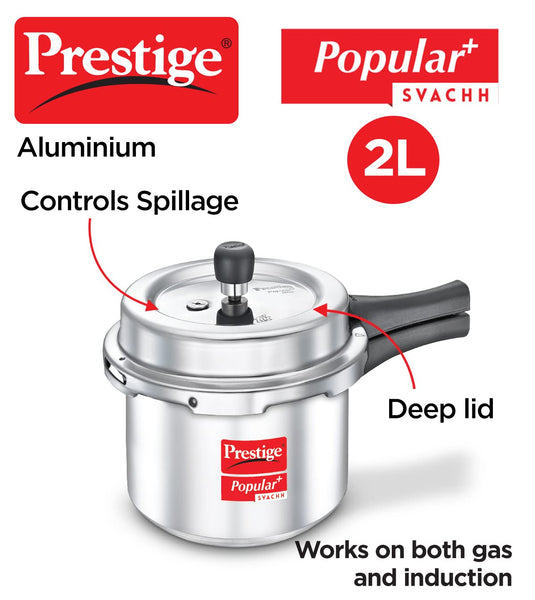 AM2236 Prestige Popular Plus Svachh Virgin Aluminium Gas and Induction Compatible Outer Lid Pressure Cooker, 2 L (Tall) (Silver)