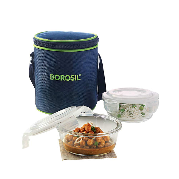 AM3698 Borosil Round Mealbox 400ml Glass Lunch Box set 2 Blue,Grey