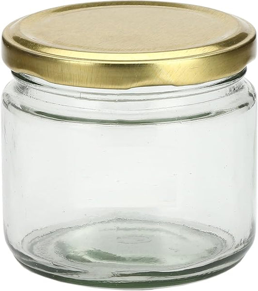 AM3013 Salsa Glass Jar 340ml  for Kitchen Storage Dry Fruits ,Pickle Golden Metal Cap Airtight Lid Transparent Jar 1 Pcs