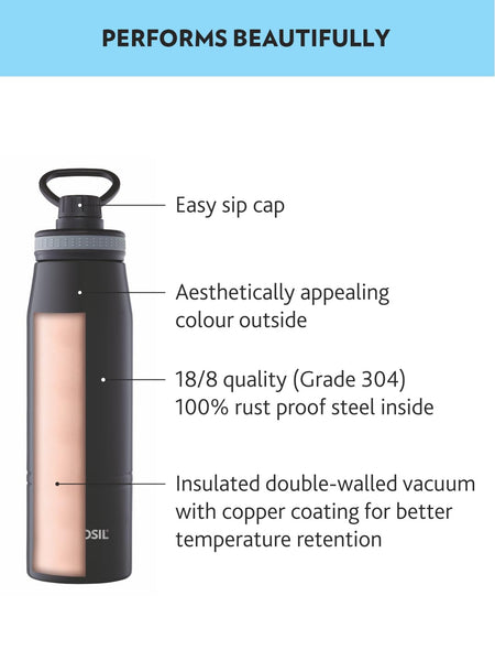 AM2982 Borosil Hydra GoSports 900 ml Stainless Steel Wate Bottle | Double Wall Vacuum Insulated Flask, Black