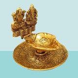 AM0372 Metal Laxmi Ganesh Hand Diya with for Pooja Hand Craved Diya for Puja Diwali Home