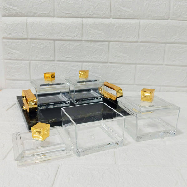 Di0157 Rishabh Super Canopy Multipurpose Set - 4 Heavy Acrylic Containers with Black Marble Finish Tray
