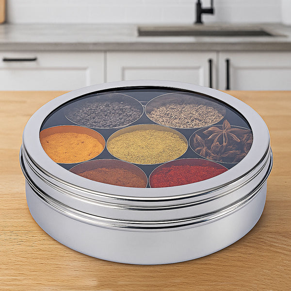 AM6005 Stainless Steel Spice Box with Glass Lid & Spoon – 7 Spice Containers