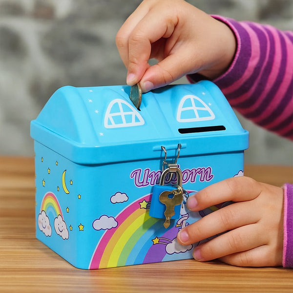 AM5906 Unicorn Hut Shape Piggy Bank for Kids (Multicolor) - Lock and Two Keys