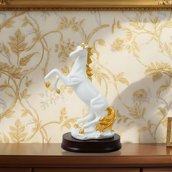 AM6410 Black and Gold Rearing Horse Showpiece on Wooden Base - Small Size